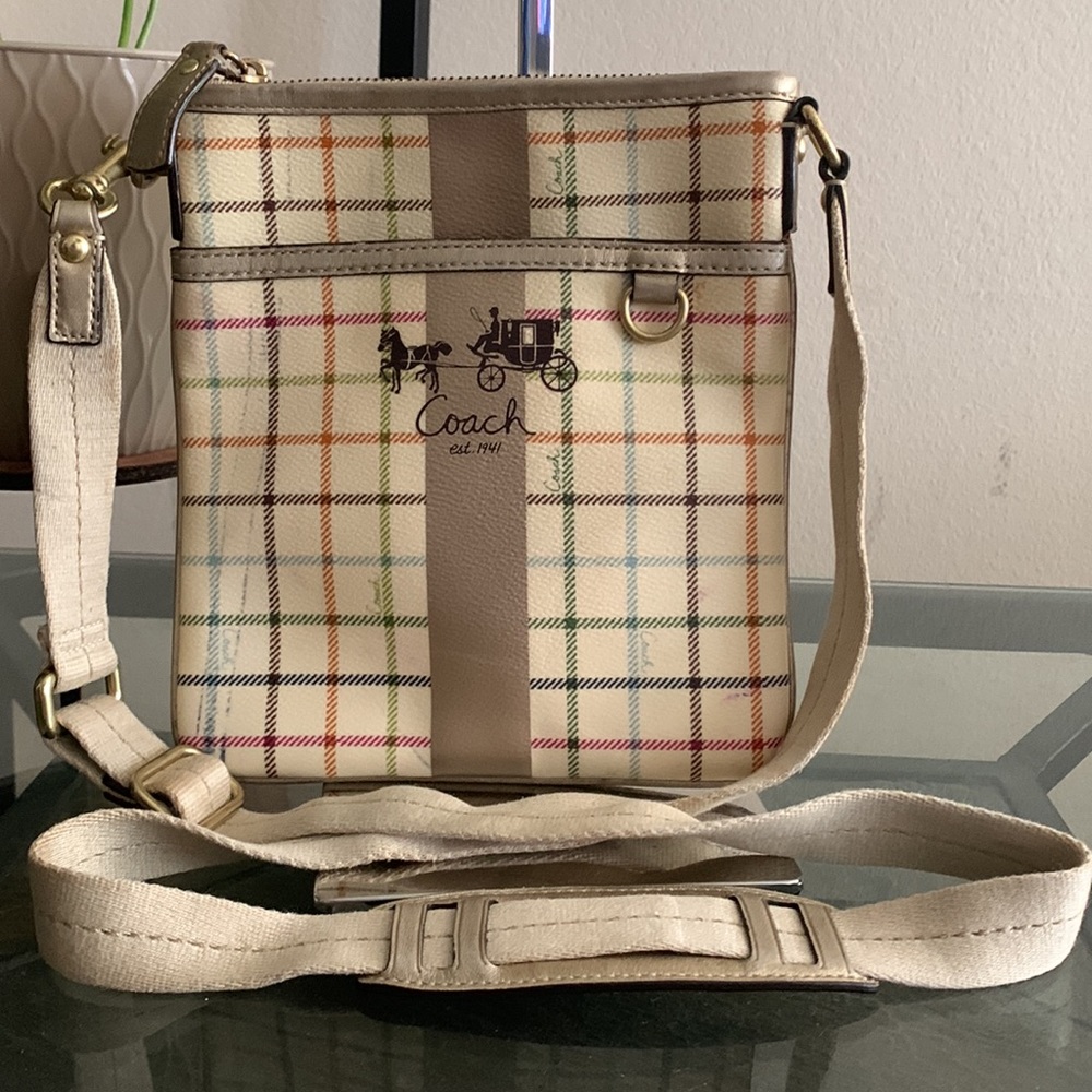 COACH Swingpack Heritage Stripe Tattersall CrossBody Bag
